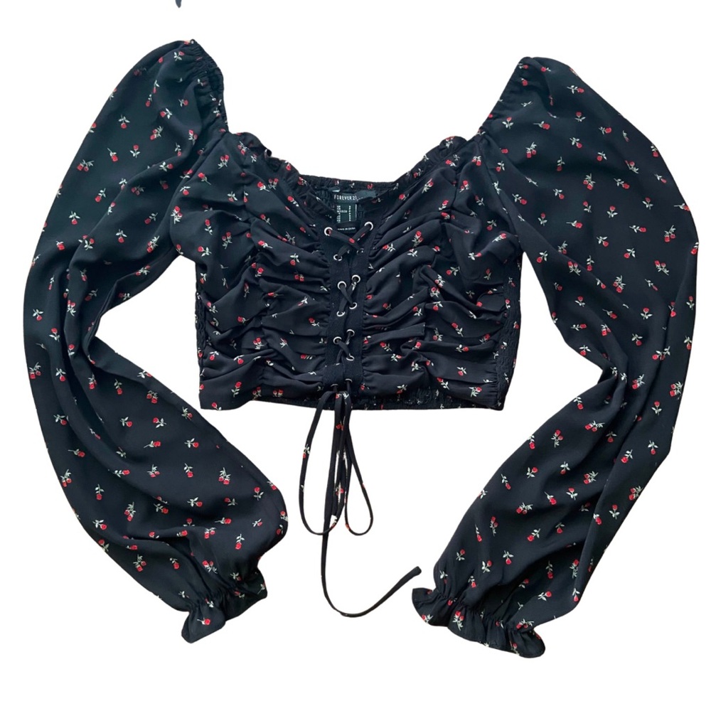 Black Rose Print Lace Up Crop Top